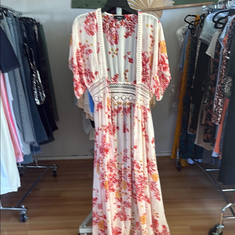 Aakaa Red and White Swim Coverup with Flowing Kimono Sleeves